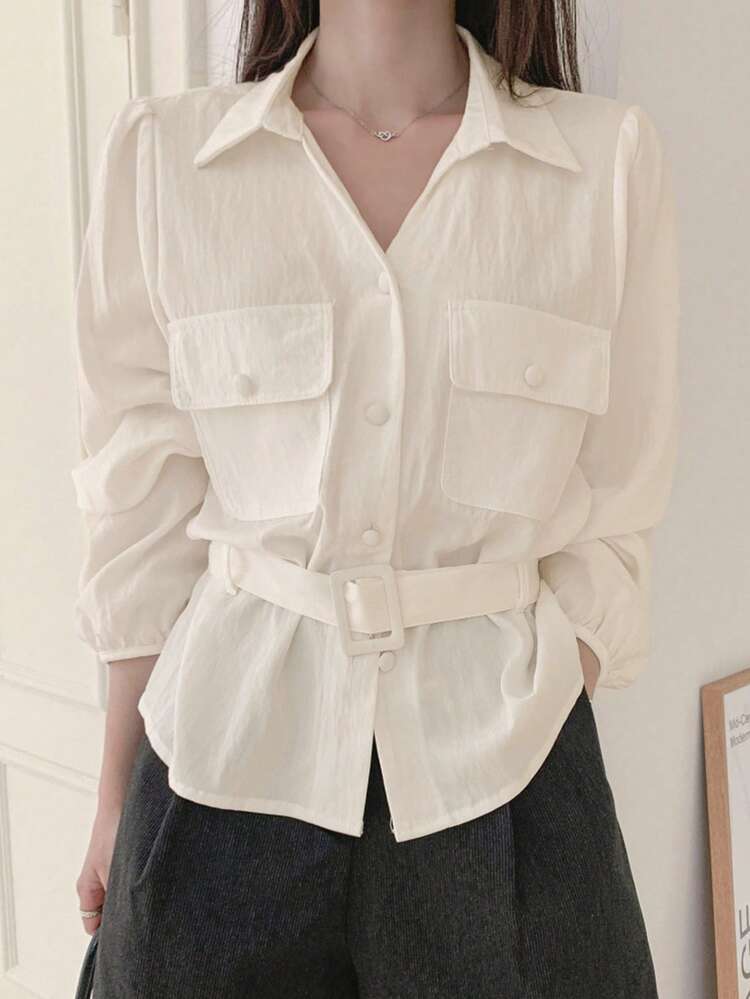 French Style Waist Belt Long Sleeve Blouse, Slimming Fitted Women's Shirt