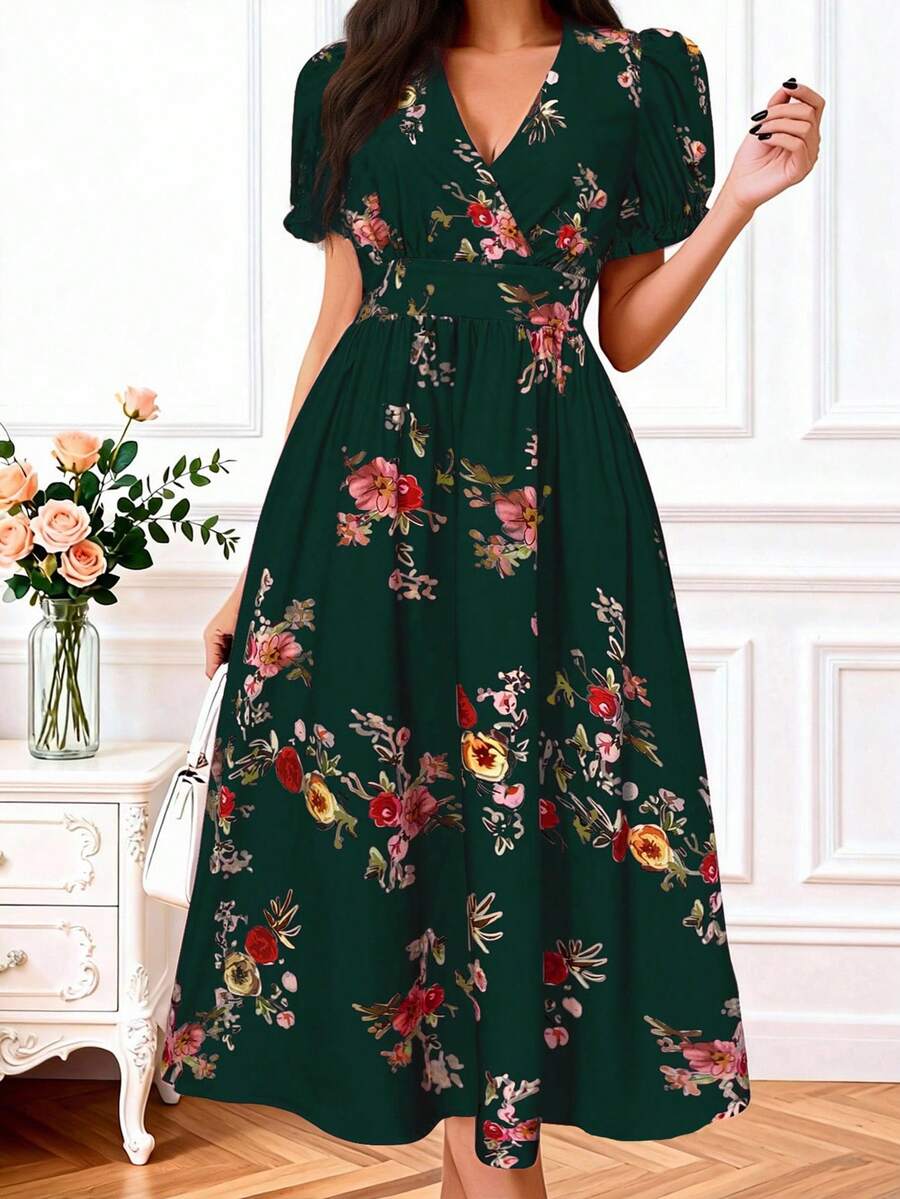 EMERY ROSE 女士印花V领短泡泡袖泡泡连衣裙长款女装 - 軍綠色 - 查看 1