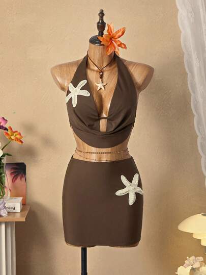 Bellisia Summer Beach 3 Pieces Set For Women: Spaghetti Strap Camisole, Spaghetti Strap Solid Color Top, Pearl & Starfish Decor Bikini Bottoms, Bodycon Mini Skirt Swimsuit