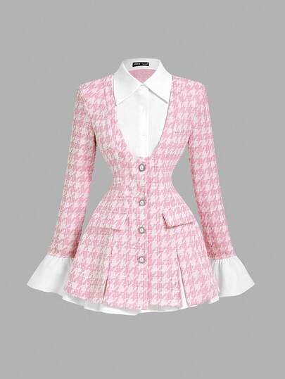 SHEIN MOD Plus Size Women's 2 In 1 Black Waist-Cinching Long Sleeve Flounced Suit Jacket,Winter Coat Women,Semi Formal Dress Women,New Years Women Outfit,Business Casual Woman,Office Wear Women,Black Dress Elegant,College Students Outfit Valentine's Day Outfit