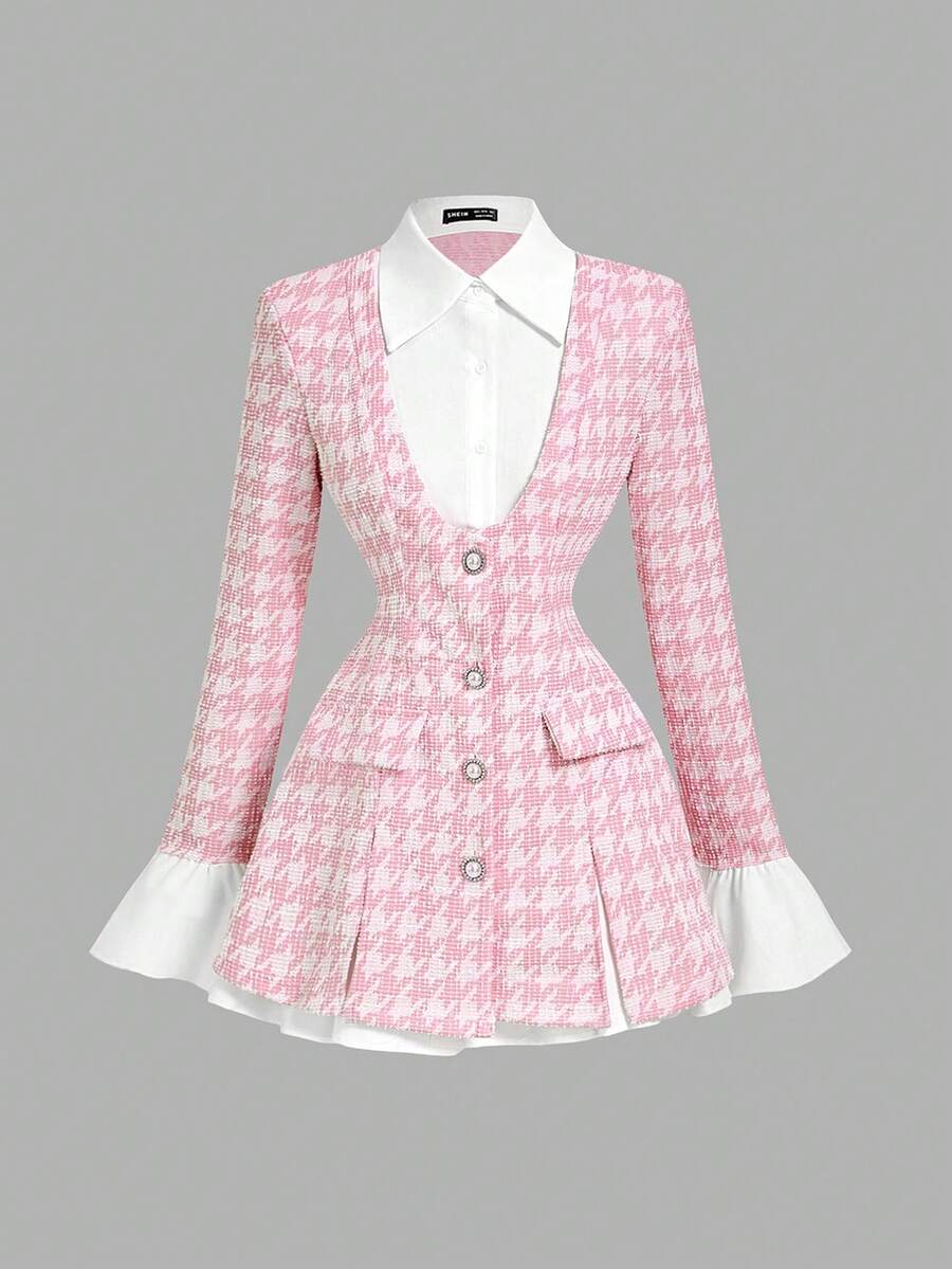 SHEIN MOD 大码女式二合一束腰长袖荷叶边西装外套，半正式场合，新年装扮，商务休闲装，办公室穿着，优雅大方，大学生情人节粉白斜纹软呢西装外套 - 粉色 - 查看 1