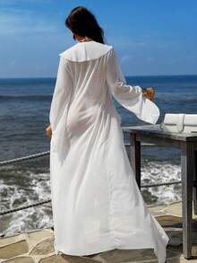 Sirith Áo khoác ngoài dài tay màu trơn dành cho nữ, có dây rút ở gấu áo. - trắng - Xem 2