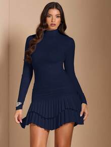 SHEIN BAE Navy Blue Elegant Long Sleeve Bodycon Ruched Mini Layered Dress For Autumn Dinner Date,Graduation Cocktail Parties,Formal Events, Dates - Navy Blue - View 6