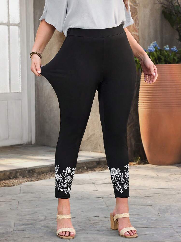 Plus Size Floral Print Leggings, Casual Vacation Wear
