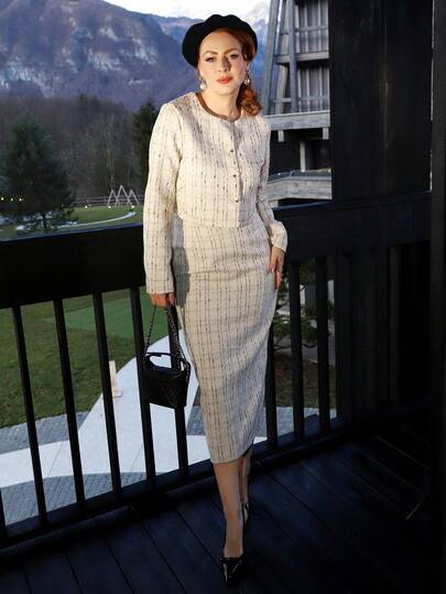 Gretanique 优雅格子短夹克和迷你裙两件套，秋季