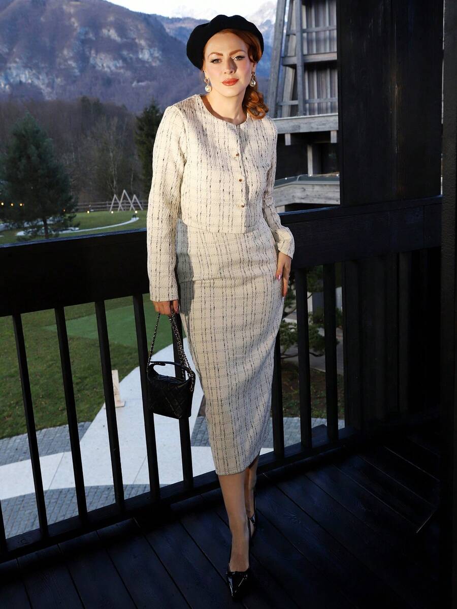 Gretanique 优雅格子短夹克和迷你裙两件套，秋季 - 白色 - 查看 1