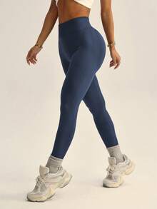 Dewbera Women's Seamless Yoga Leggings With Ruched Waistband Navy Yoga Leggings Booty Lifting Legging Navy Blue Leggings Gym Tights Fitness Leggings - Navy Blue - View 3