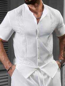 Manfinity CasualCool 男士休闲纯色短袖衬衫，夏季百搭 - 白色 - 查看 4