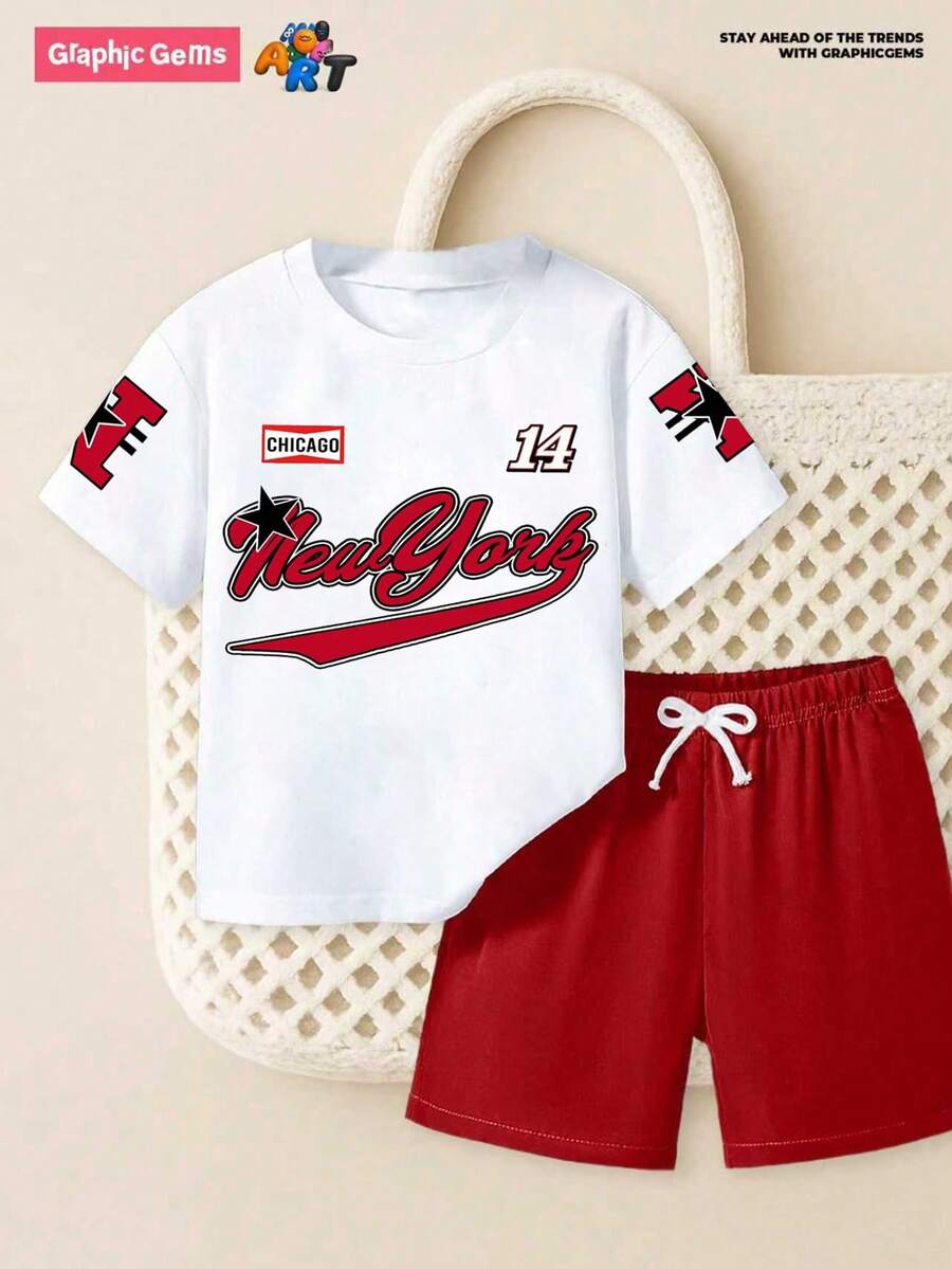SHEIN GraphicGems 两件套幼儿男童字母印花白色圆领休闲T恤和红色纯色短裤，春、夏、秋、冬时尚套装 - 紅色 - 查看 1