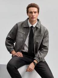 Officeau 1 Pieza Chaqueta de cuero de manga larga con cremallera completa y solapa vintage desgastada para hombres, chaqueta casual de estilo motocicleta de cuero de PU para primavera y otoño.