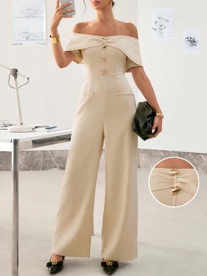 Ritzy Row Women's Fashionable Minimalist Front Open Collar Fitted Waist Off-Shoulder Sleeveless Jumpsuit Pant Suit Summer Sets Wide Leg Pants Set Off Shoulder Jumpsuit Elegant Jumpsuits Beige Two Piece Set