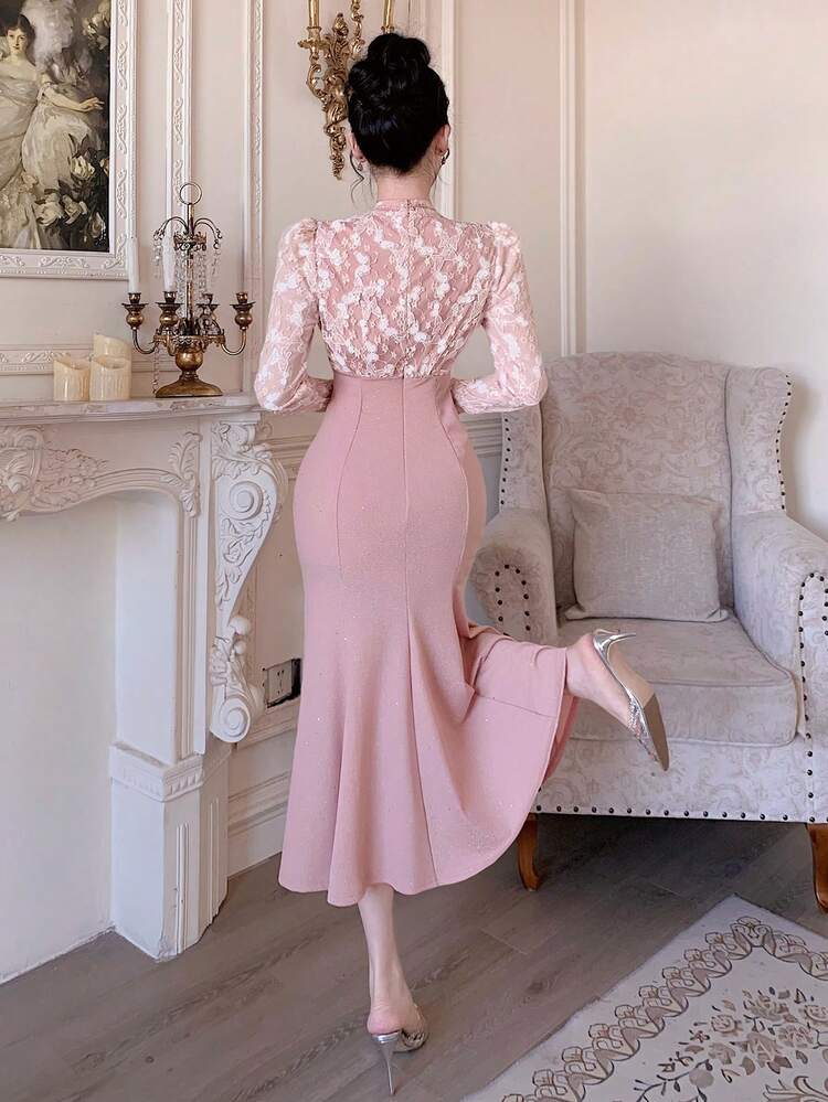 Women's Elegant Lace Colorblock Puff Sleeve Dress With Stand Collar, Spring/Summer Easter Maxi Dress Sundress