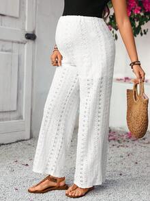 SHEIN Quần bầu dáng rộng, thắt lưng điều chỉnh được, khoét lỗ, thêu họa tiết, thích hợp cho mùa xuân, quần ống rộng màu trắng cho nữ, quần hè ống rộng, quần đi biển cho nữ. - trắng - Xem 3