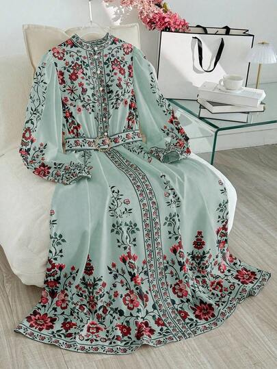 Modelyn Plus Size Floral Print Button Front Lantern Sleeve Casual Dress, Autumn