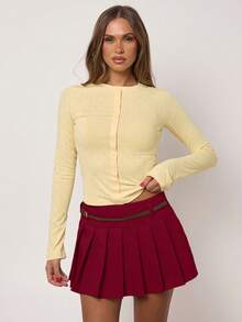 SHEIN BAE Chân váy chữ A xếp ly màu trơn, kiểu dáng thường ngày, đa năng, có thắt lưng dành cho nữ. - Màu Đỏ Sâu - Xem 6