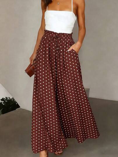 SHEIN Holidaya Women's French Elegant Retro Caramel Brown Polka Dot Wide-Leg Pants , Effortlessly Relaxed Summer Office , High-Waisted Drawstring Design For Flattering Fit , Chiffon Drape Texture Exudes Casual Elegance Polka Dot Palazzo Pants Polka Dot Wide Leg Pants