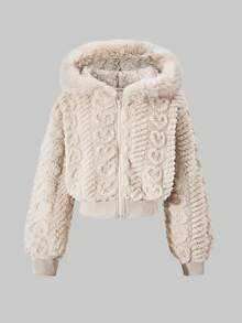 1件女童时尚连帽外套，黑色爱心提花双面抓绒长袖拉链连帽衫，带毛领，短款外套，适合室内、室外、聚会、运动、通勤、春季、秋季、冬季穿着。 - 卡其色 - 查看 4