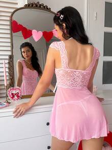 SHEIN Bộ 2 món đồ lót gợi cảm phối ren và lưới (không gọng, kiểu G-string) dành cho nữ, thích hợp cho ngày Valentine. - Hồng - Xem 2