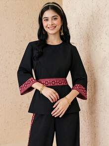 SHEIN Teen Girl Black Patchwork Printed Pattern Round Neck Long Sleeve Shirt And Pants Casual Suit - Black - View 2