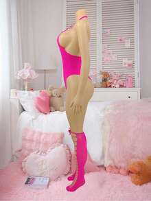 SHEIN 3件套女士性感内衣套装 - 连体裤配丝袜，蝴蝶结装饰，镂空设计，诱人粉色 - 玫紅色 - 查看 4