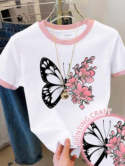 Resyla Camiseta de manga corta con cuello redondo y estampado floral y de mariposas, casual de verano para mujer