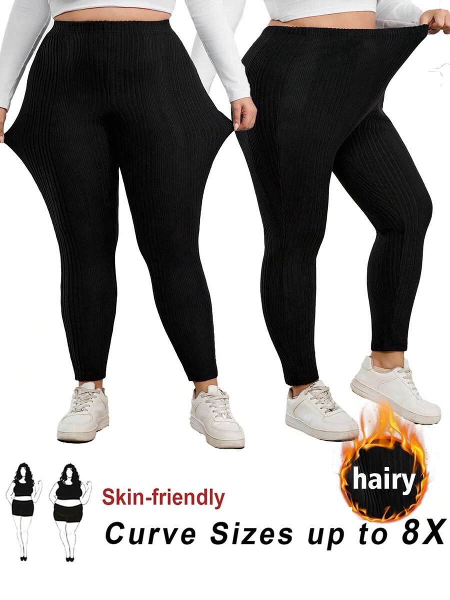 SHEIN CURVE+ 大码女式高弹力保暖打底裤，带侧袋，基础款返校季大码打底裤，大码紧身裤，大码高弹力打底裤，带口袋，Y2K风格 - 黑色 - 查看 1