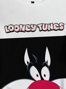 LOONEY TUNES X SHEIN Áo thun tay ngắn họa tiết hoạt hình Colorblock thường ngày dành cho nữ, mùa hè - trắng - Xem 3