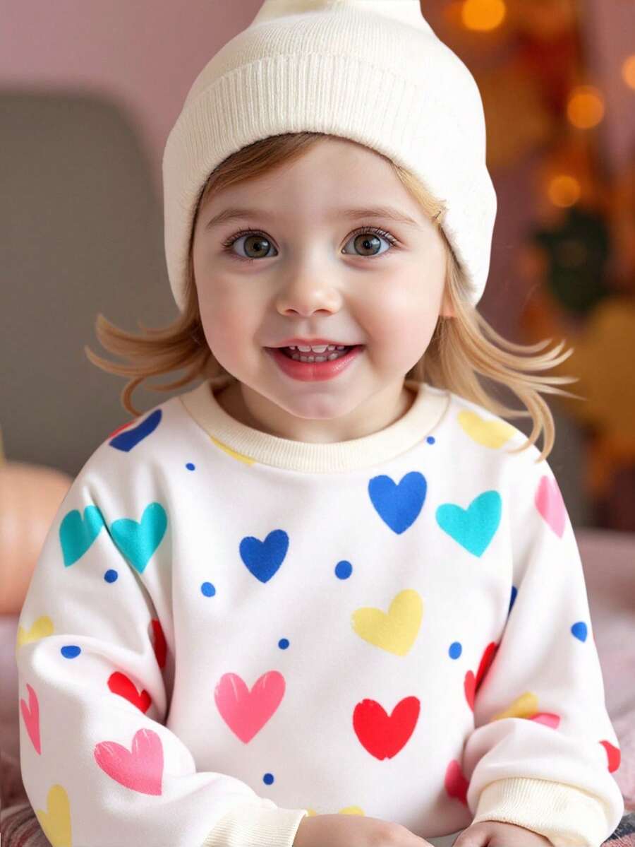 Cozy Pixies 女婴爱心图案针织柔软圆领长袖套头卫衣，适合情人节 - 彩色 - 查看 1