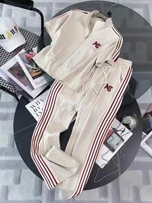 Resyla Áo cardigan tay ngắn raglan cổ bẻ rộng + Quần ống đứng túi xéo - Màu Khaki - Xem 3