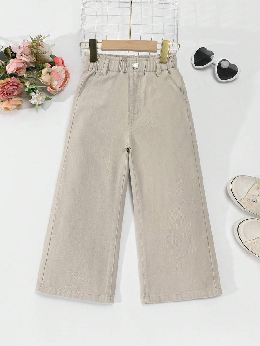 SHEIN Genkimix Kids 年轻女孩休闲波西米亚风假日平底阔腿牛仔裤,日常穿搭卡其色棉质阔腿裤 - 杏色 - 查看 1