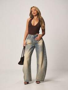 MISSGUIDED Deep Plunge Halter Bodysuit Long Sleeve Cutout Back Fitted Stretchy Knit Top One Piece Fall Winter Essential - Brown - View 3