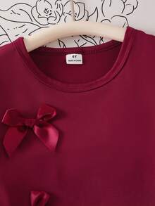 SHEIN 女童休闲短袖蝴蝶结装饰红色T恤搭配白色百褶裙套装，校园风夏季服装 - 酒紅色 - 查看 6