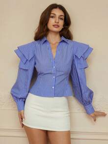 Revavyn Exaggerated Sleeve Design Striped Long Sleeve Shirt, Fashion & Versatile, Autumn/Winter - Multicolor - View 1