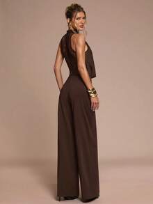 SHEIN BAE Women's Elegant Party Lace Patchwork Halter Jumpsuit - Coffee Brown - View 2