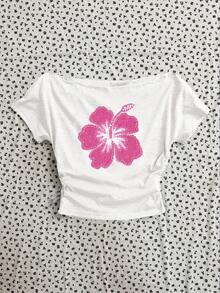 Attitoon Women's Casual Ruched Waist Off Shoulder Fitted Short Sleeve White T-Shirt With Floral Pattern, Suitable For Summer Spring - White - View 4