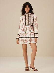 Felipe Marques Women's Floral Print Long Sleeve Short Casual Dress, Suitable For Autumn/Winter, Vacation, Party - Apricot - View 5