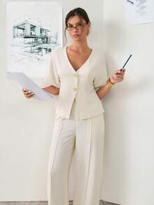 2pcs/Set V-Neck Short Sleeve Cardigan And Wide Leg Pants, Casual Pant Suit Summer Sets White Pants Suit - Apricot - View 8