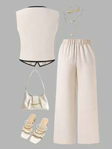 Reset Phase Teen Girl Contrast Trim V-Neck Button Front Sleeveless Jacket And Elastic Waist Pants Set - Apricot - View 2