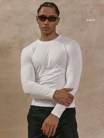 Musero Men Slim Fitted Long Sleeve Lightweight Crew-Neck T-Shirt Top Autumn Winter Essentials Capsule Wradrobe Layering