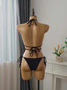 Bellisia 女士花卉蕾丝网纱串珠露背撞色系带吊带背心式泳衣套装，适合春夏度假穿着 - 黑色 - 查看 2