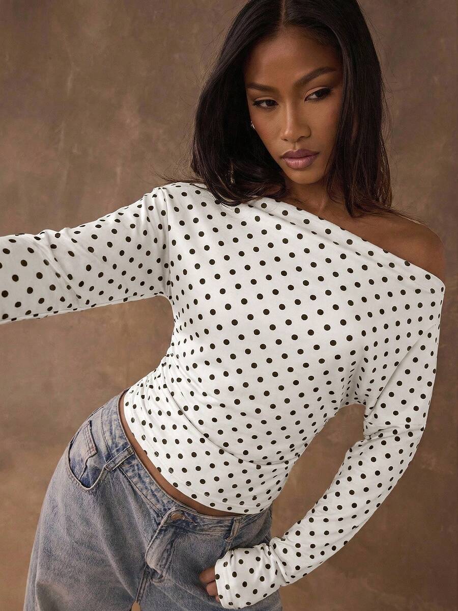 SHEIN BAE Dam vintage elegant T-shirt med prickigt mönster, asymmetrisk hals, lång ärm, rynkad figursydd topp, off-shoulder, lämplig för vår och höst - Vitt - Visa 1