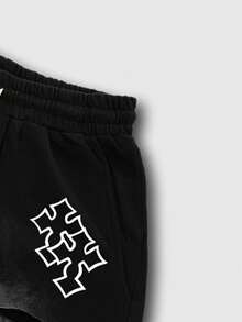 ROMWE MEN 男士交叉印花抽绳腰破洞休闲宽松短裤 - 黑色 - 查看 5