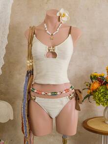 Swim Chiccia Women's Summer Beach Vacation Textured Fabric Metallic Starfish Decor Contrast Color Twist Tankinis Swimsuit - Beige - View 4