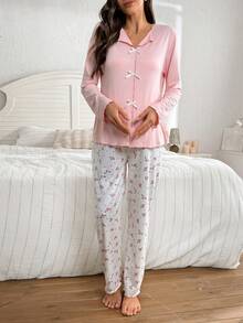 Moonlight&Mama Solid Color Ribbed Bow Tie Neck Long Sleeve Top And Small Ditsy Floral Pants Maternity Pajama Set - Pink - View 4