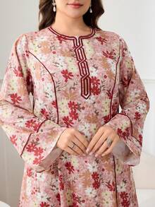 Al Najma Plus Size Women Elegant Floral Print Arabic Style Dress - Black - View 7