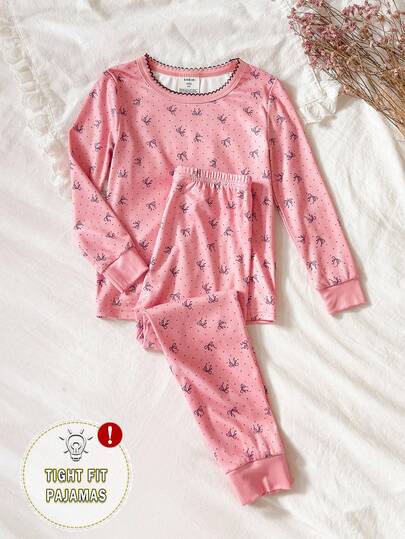 SHEIN 2 delar ung flicka, avslappnad söt rosett- och hjärtmönster, långärmad topp och byxor, åtsittande loungewear-set