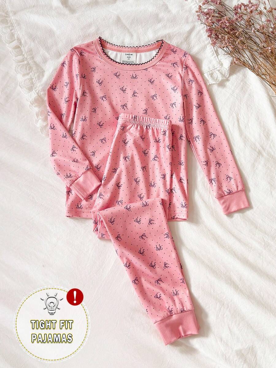 SHEIN 2pcs Young Girl Casual Cute Bow & Heart Print Long Sleeve Top And Pants Snug Fit Loungewear Set Little Girl Pajama Set Kids Bamboo Seashell Pajamas Kids Pj Set Girl Pink Girl Sleep Wear Cute Pj Set "Tight Fit Pajama","Tight Fit","Snug Fit - Dusty Pink - View 1