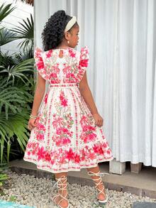 Girls' (Large) Spring/Summer Vacation Beach Floral Bohemian Colorful Ruffled Wrap Collar Fitted Waist Midi Dress - Multicolor - View 4