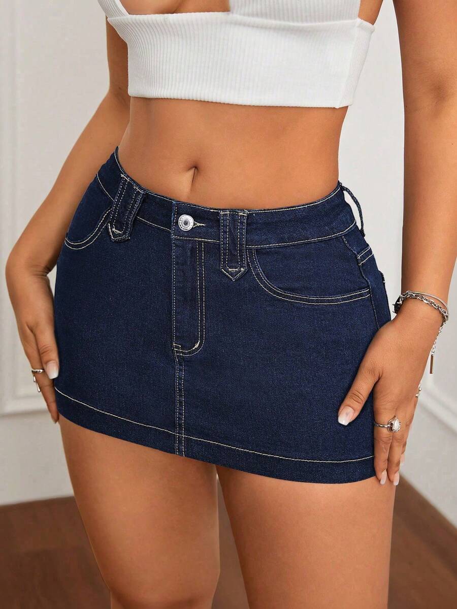 SHEIN Jeanoir Váy ngắn denim co giãn, đa năng, phong cách Y2K dành cho nữ cỡ lớn. - Rửa tối - Xem 1