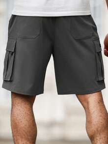 Manfinity Homme Quần short cargo nam cỡ lớn, màu trơn, kiểu dáng thường ngày, thích hợp cho mùa hè. - Màu xám đen - Xem 2